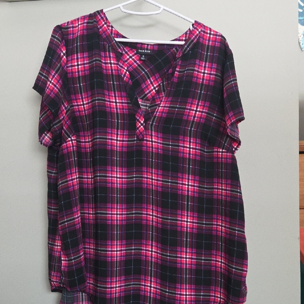 Torrid Pink and Black Plaid V-Neck Blouse